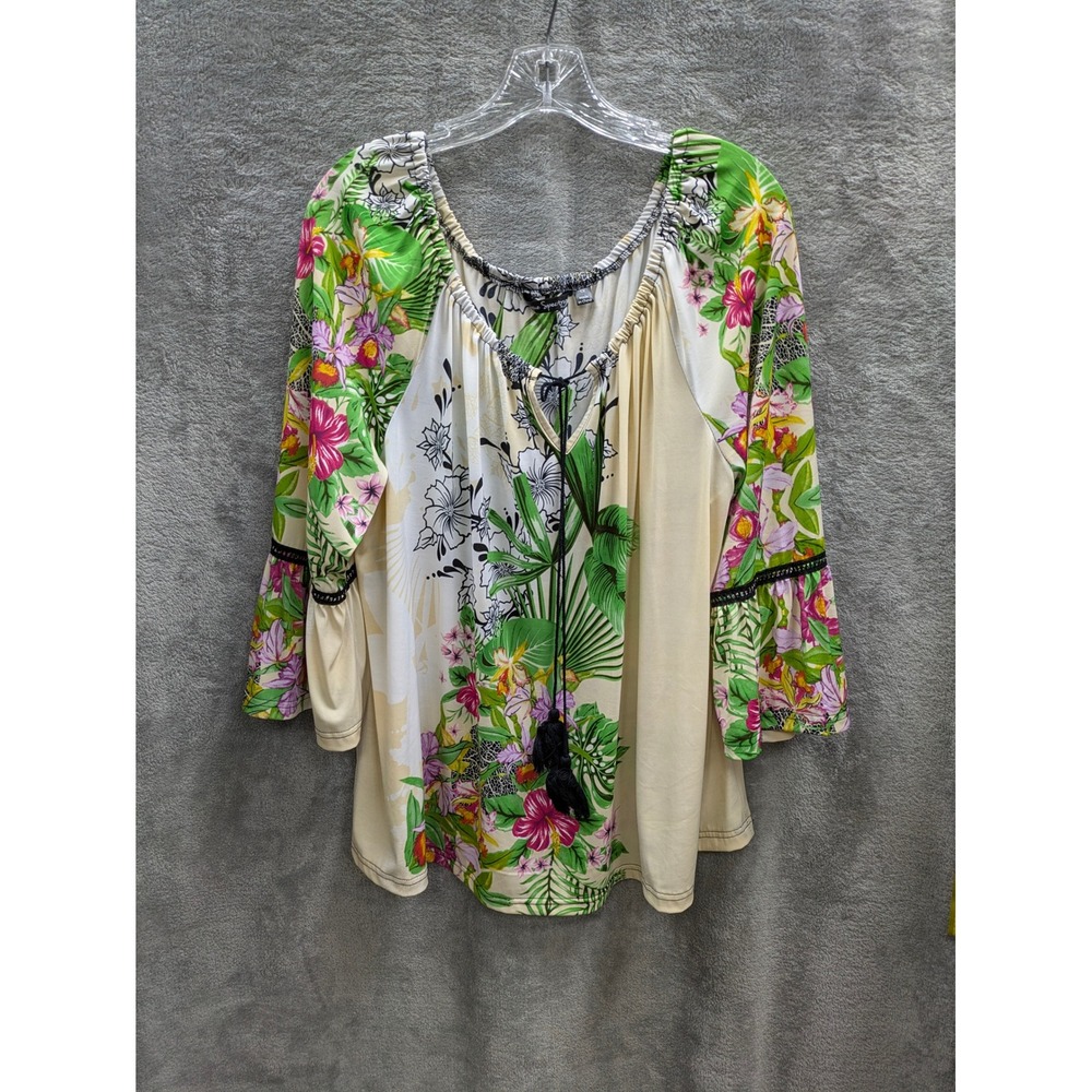 Unique Spectrum Floral Print Tassel Tie Neck Bell Sleeve Top Women 1X